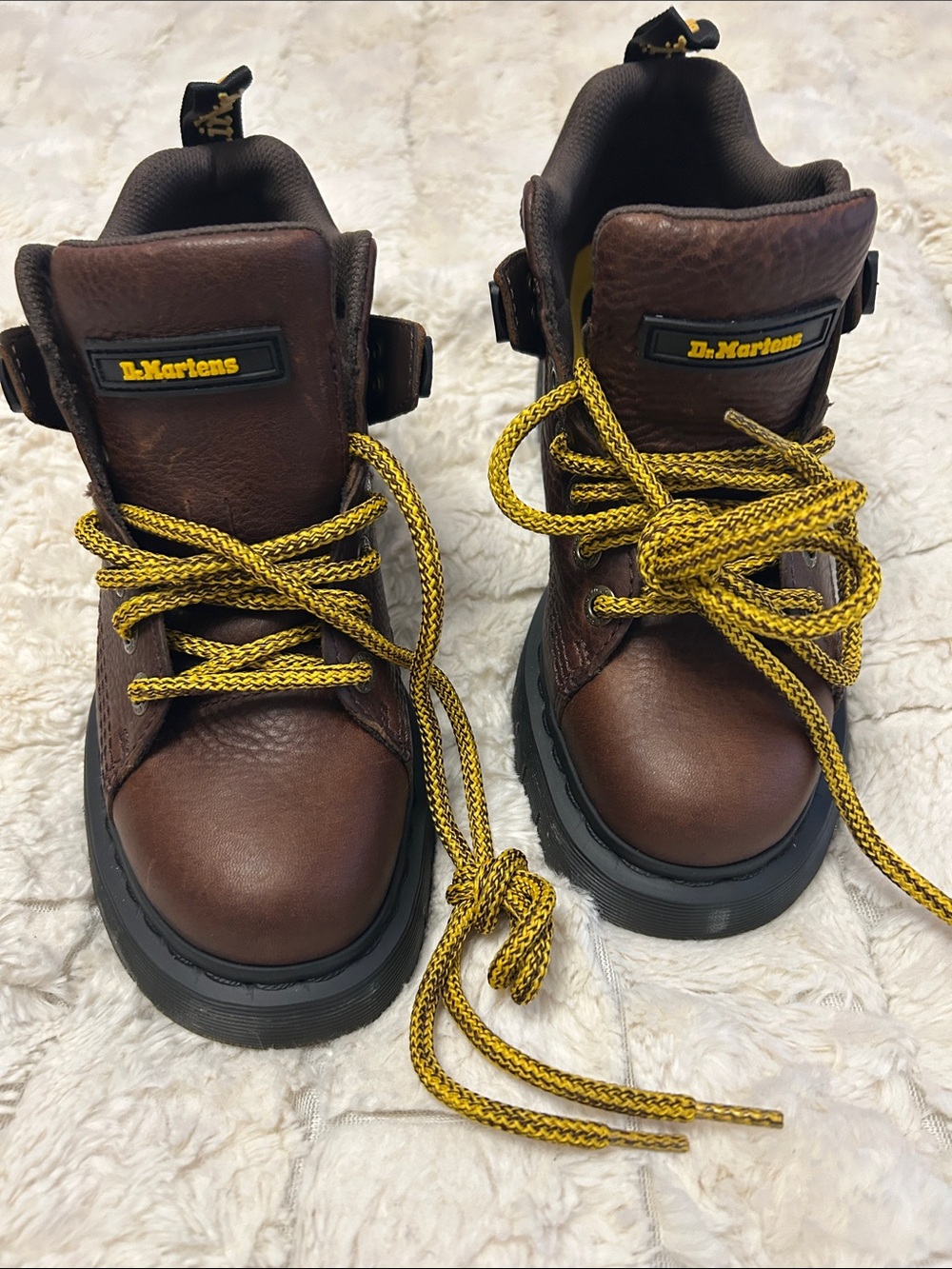 Dr. Martens Kids Brown Leather Boots with Yellow Laces